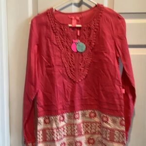 Pink Long-Sleeve Crochet Yoke Tunic, new
